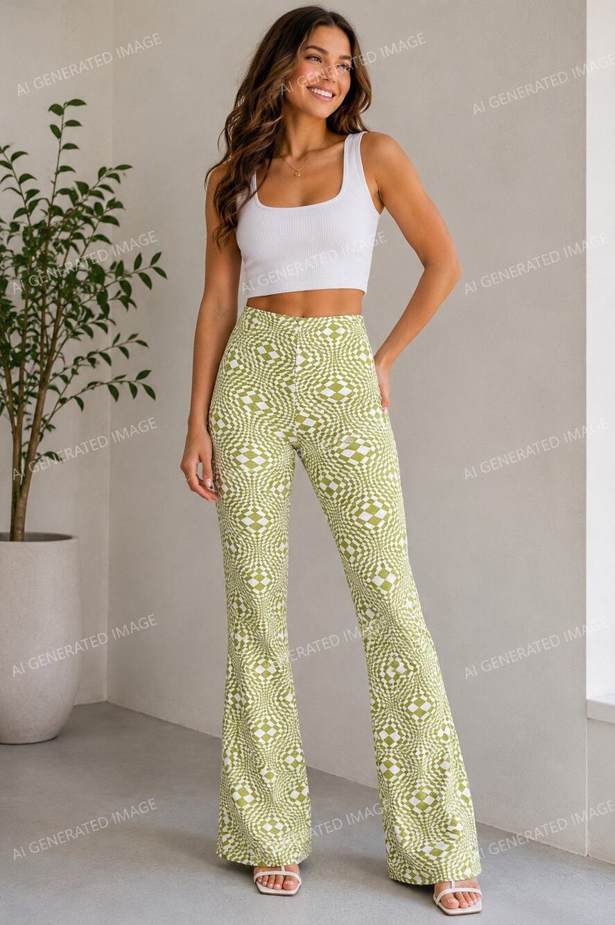 WAYF Women’s XS Green White Geometric Print Flare Pants Retro Stretch
